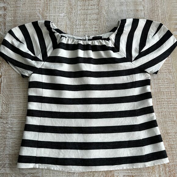 ANN TAYLOR Linen Blend Black White Stripe Short Sleeve Blouse Top Shirt Small - Picture 3 of 9